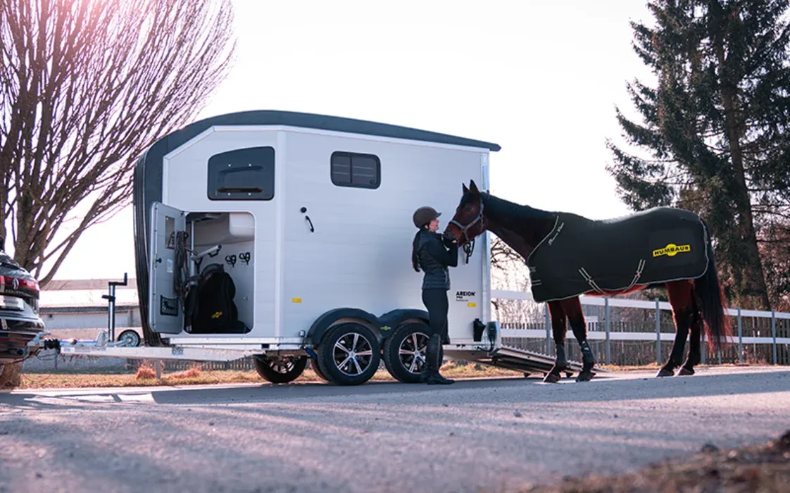 Humbaur Areion Pro con porta laterale a tutta altezza aperta sul vano selleria durante il carico.