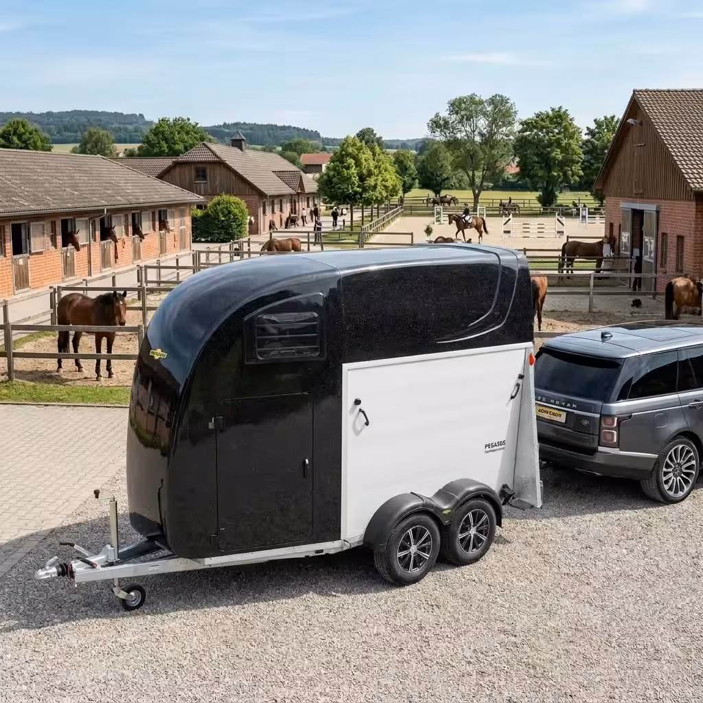 Trailer per cavalli Humbaur Pegasus con tetto alto in poliestere per il massimo comfort.