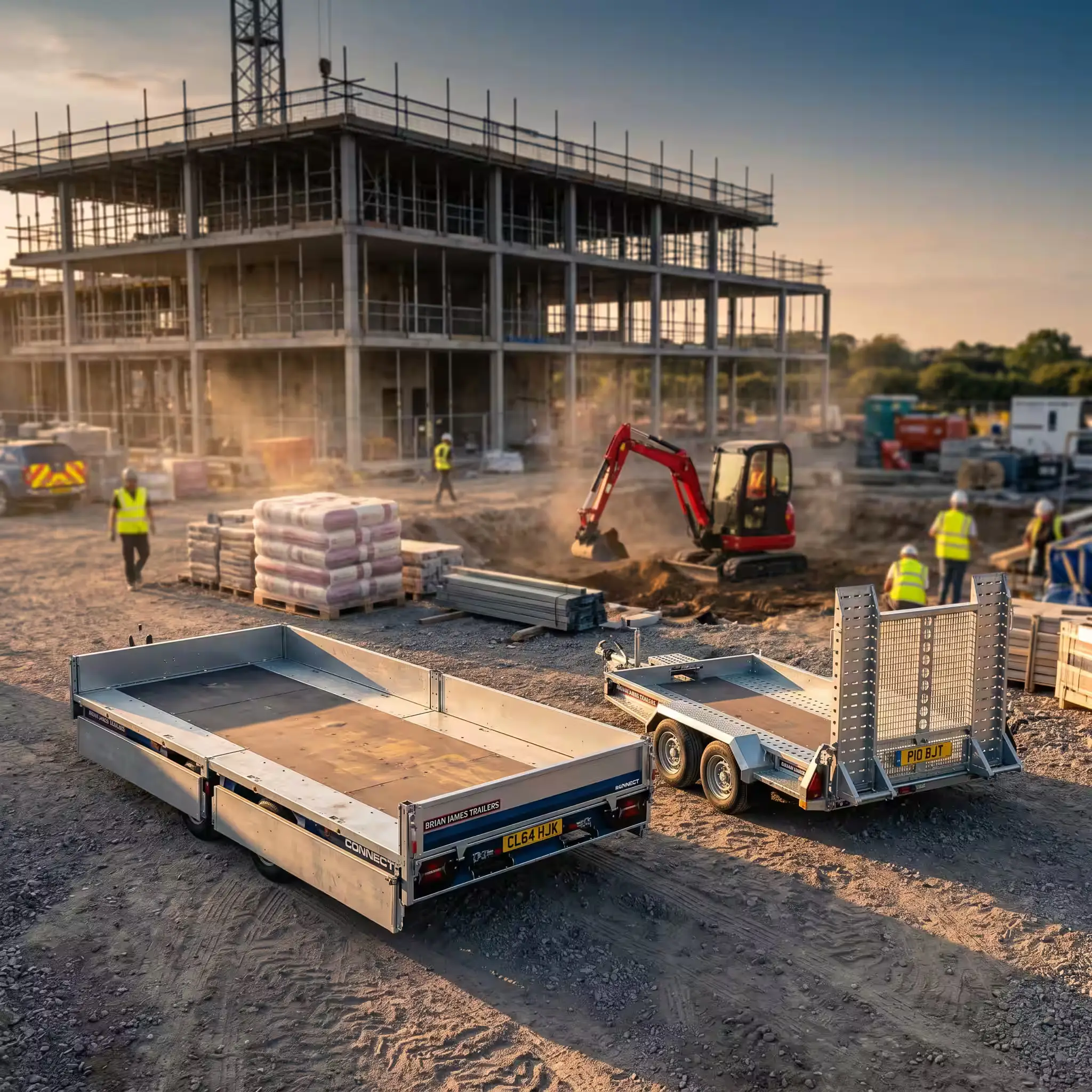 Gamma rimorchi Brian James Trailers: modello Connect modulare e Digger Plant per trasporto miniescavatori con 5 anni di garanzia.